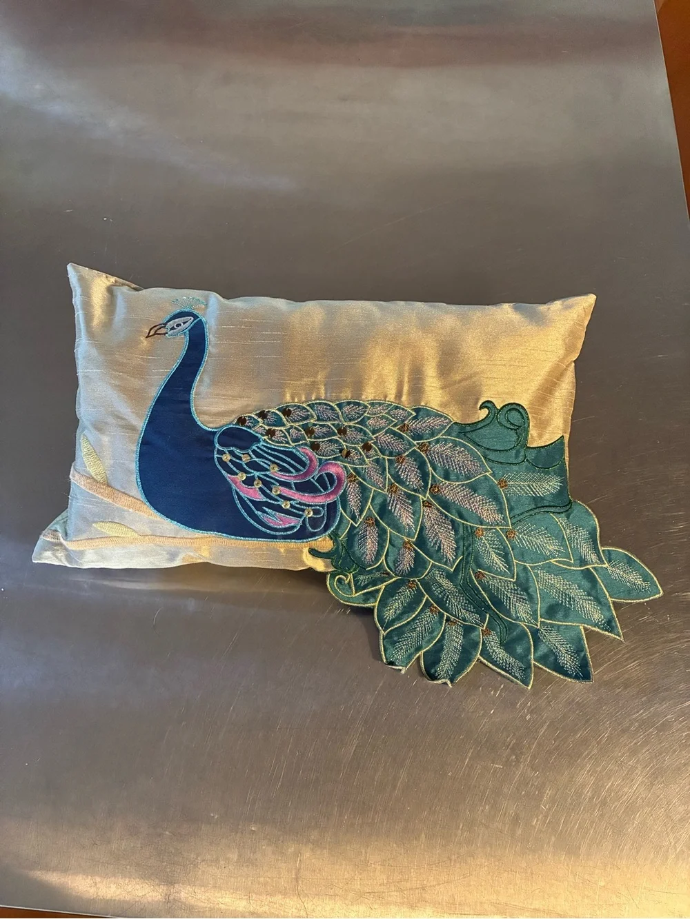 Peacock Decorative Pillow - Teal & Gold Vibrant Peacock Bird Colors Embroidered